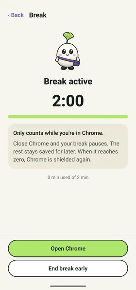The break screen: Break active, 2:00, with a note that it only counts while you are in Chrome, and Open Chrome and End break early buttons.