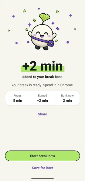 The celebration screen: the mascot with confetti and "+2 min added to your break bank", with Focus 5 min, Earned +2 min and Bank now 2 min.