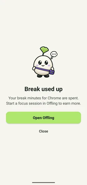 The shield screen after a break: "Break used up", saying the break minutes for Chrome are spent, with Open Offling and Close buttons.